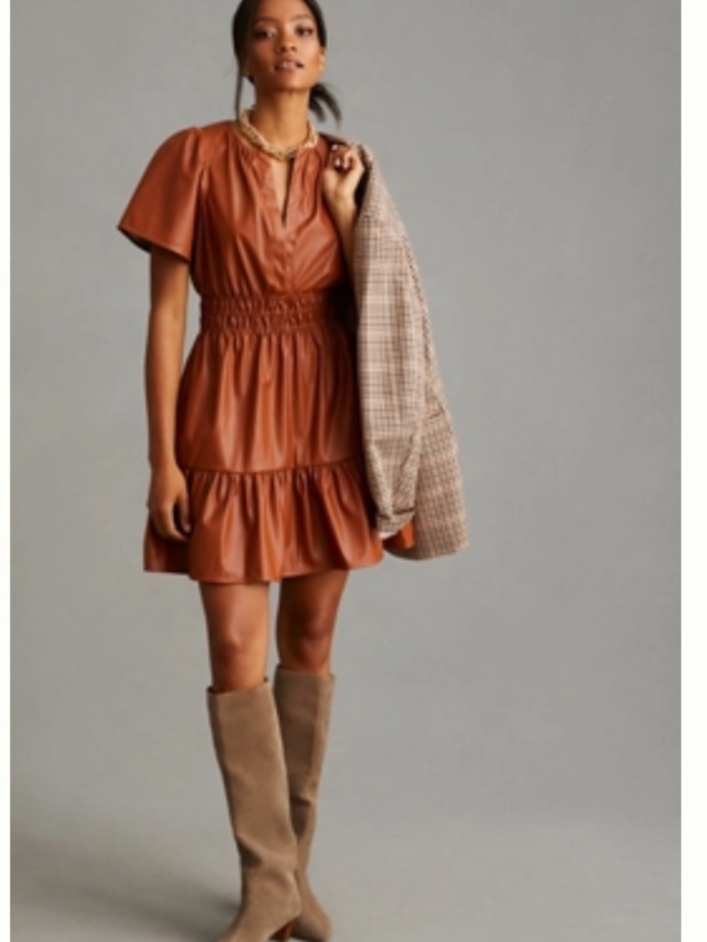 Anthropologie Somerset Faux Leather Cognac Short Sleeve Smocked Waist Dress-M
